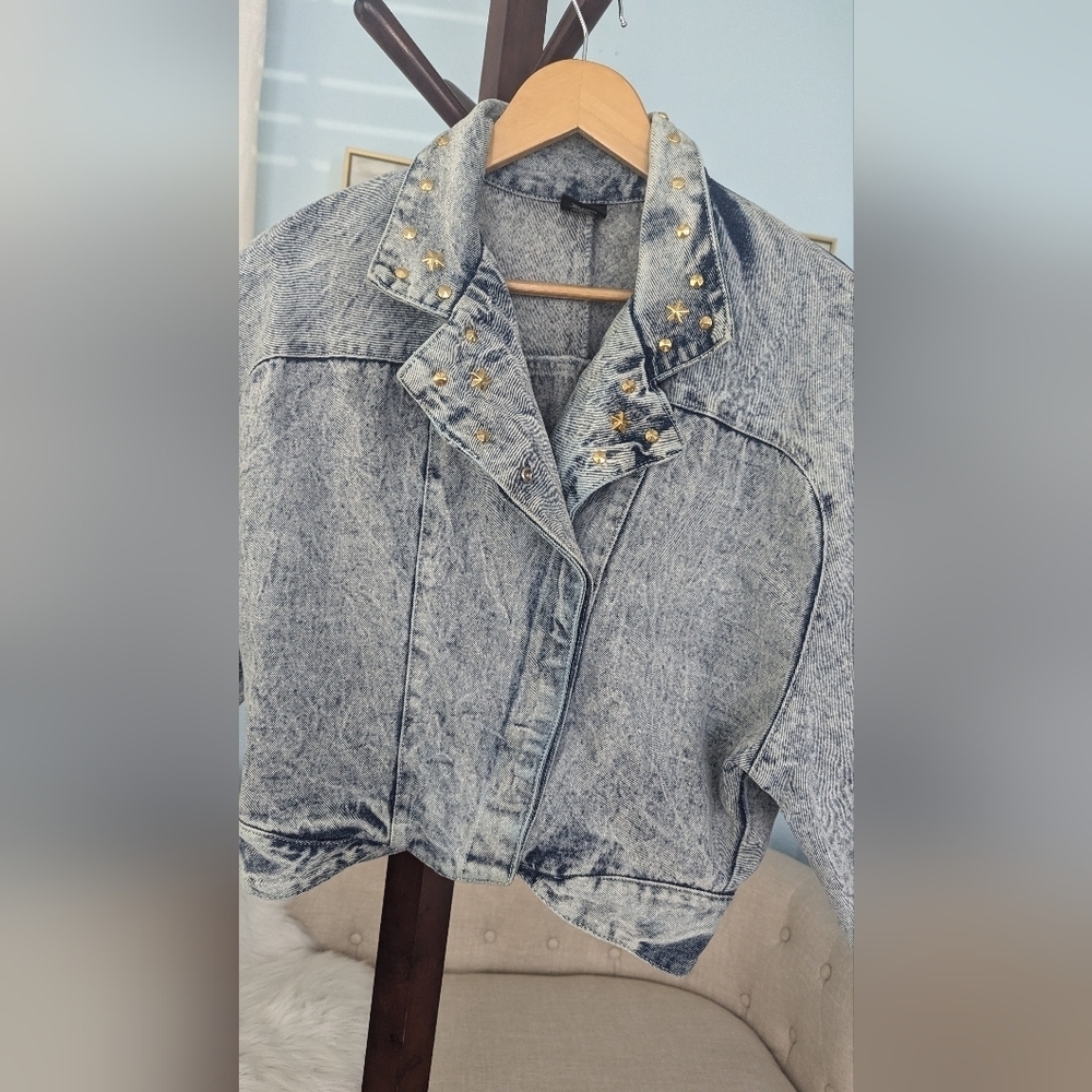 Vtg 80sEunina U.S.A. Acid Wash Jeans Jacket Copped Size L - Picture 3 of 14